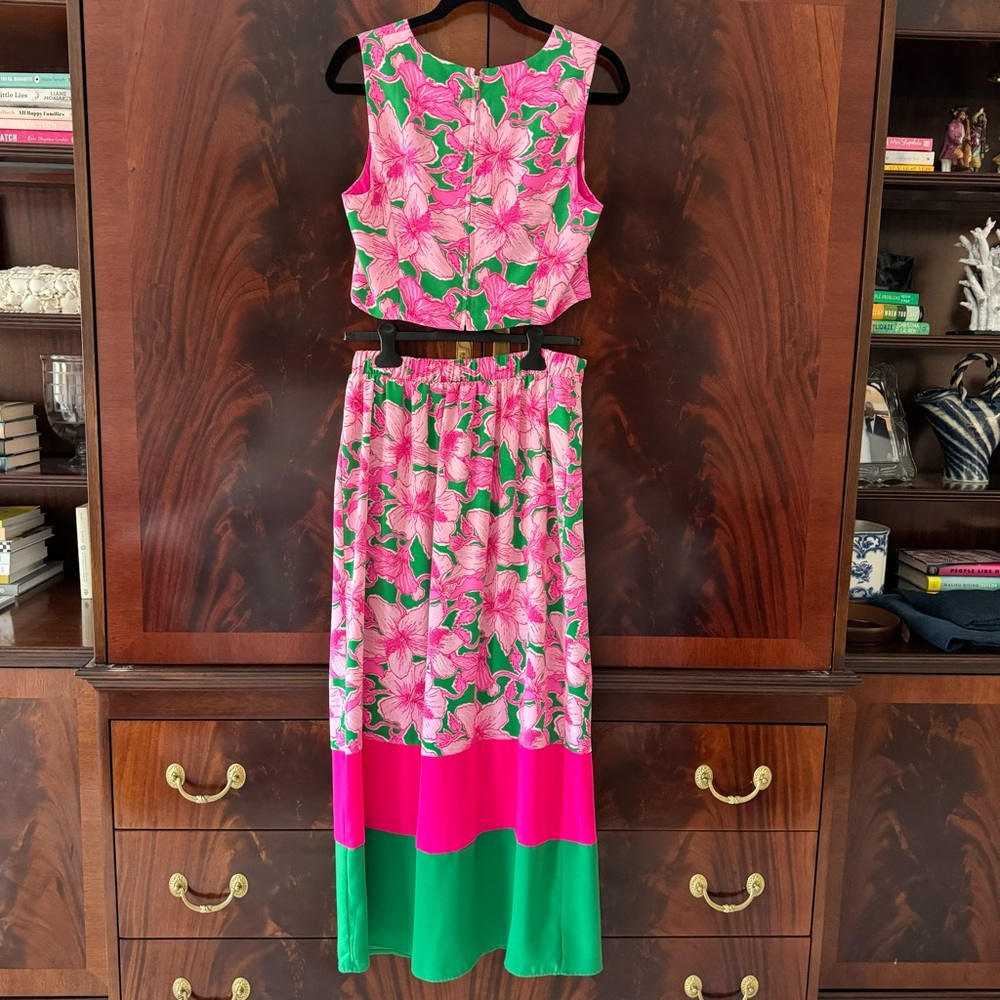 Lilly Pulitzer Leif Maxi Set Hibis Kiss Pink Green Size 8 - Picture 10 of 16